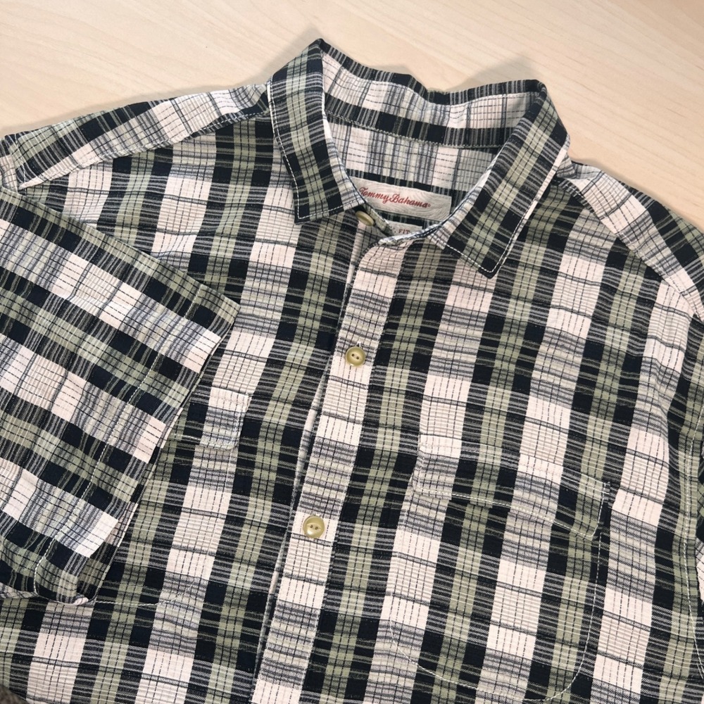 Tommy Bahama Button Up Shirt Mens Medium Green Plaid 100% Silk Original Fit